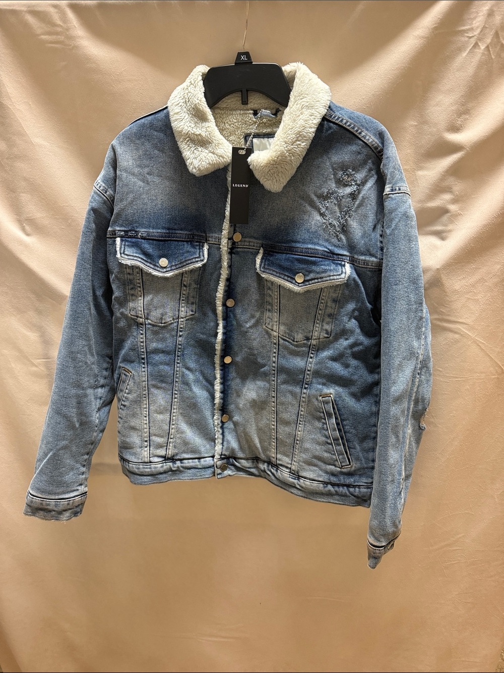 Men's Light Blue Sherpa-Lined Denim Jacket with Cream Collar